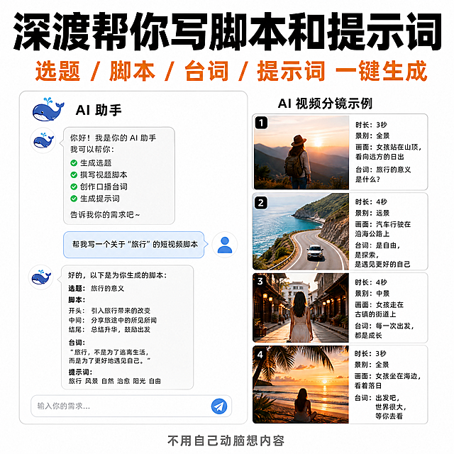 [主图-3] AI写脚本主图，拼多多电商主图，正方形，纯白色背景，顶部黑色粗体大标题"深渡帮你写脚本和提示词"，下方橙色副标题"选题 / 脚本 / 台词 / 提示词 一键生成"，左侧通用AI聊天界面，保留原鲸鱼图标只修改文字，界面标题标注"AI 助手"，右侧保留原4张竖版视频分镜截图标注"AI 视频分镜示例"，分镜内容完全保留，底部灰色小字"不用自己动脑想内容"，字体清晰，对比清晰，满屏无边框，无第三方标识