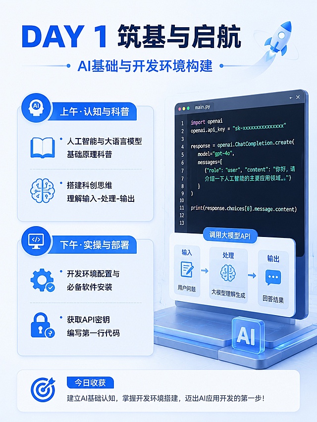 [第4屏] DAY1课程详情页-筑基与启航 AI基础与开发环境构建。
[氛围/风格] 专业知识科普风，科技浅蓝，清晰简洁
[元素布局] 顶部标题区标注天数主题，左侧分上下块展示上午下午课程内容，右侧搭配代码编写调用大模型的示意图；每块课程内容搭配对应小图标，知识点分点列出，不遮挡主体
[光影质感] 整体光线均匀，内容块增加浅蓝淡底色突出，阴影柔和层次感强
[配色色系] 全局底色 #F0F6FF；主色科技蓝 #165DFF；内容块底色 #E8F3FF
[视角构图] 左文右图排版，从上到下标题→知识点→总结，动线清晰
[文字版式] 顶部主标题「DAY 1 筑基与启航」，副标题「AI基础与开发环境构建」；上午模块标题「上午·认知与科普」列出知识点：「人工智能与大语言模型基础原理科普」「搭建科创思维 理解输入-处理-输出」；下午模块标题「下午·实操与部署」列出知识点：「开发环境配置与必备软件安装」「获取API密钥 编写第一行代码」；文字大小适中，分点清晰易读
[比例分辨率] 3:4 竖版比例，4K分辨率，文字清晰可辨，高清画质
[负向提示词] 变形，水印，文字错乱，文字过小，颜色偏差，背景杂乱