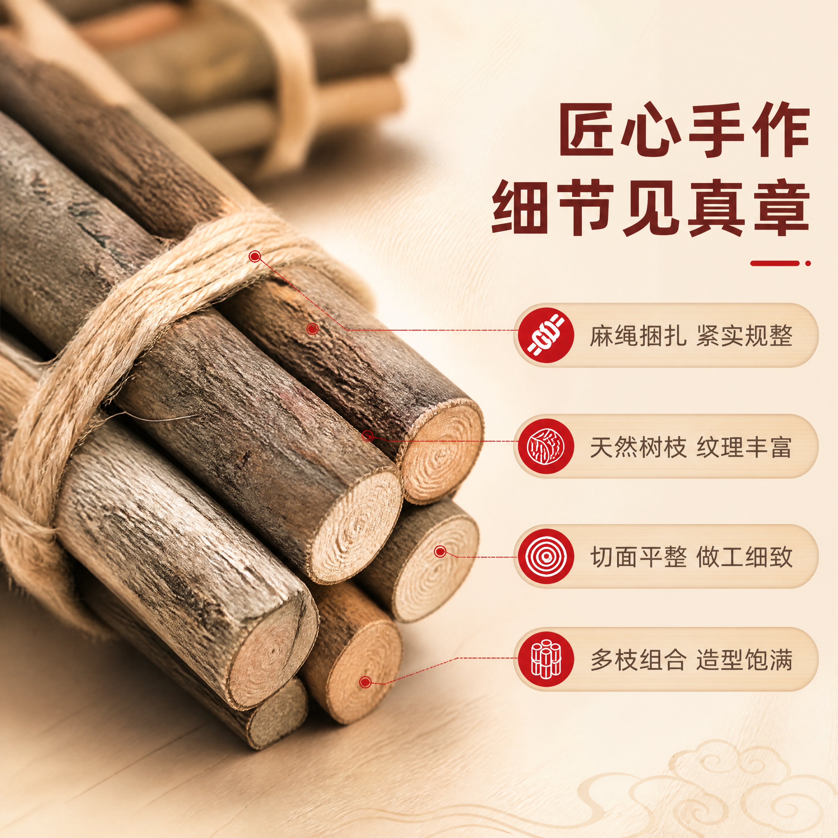 [商品] 使用【图3】喜庆小捆柴摆件局部细节图；保留树枝树皮纹… - 图片创意预览