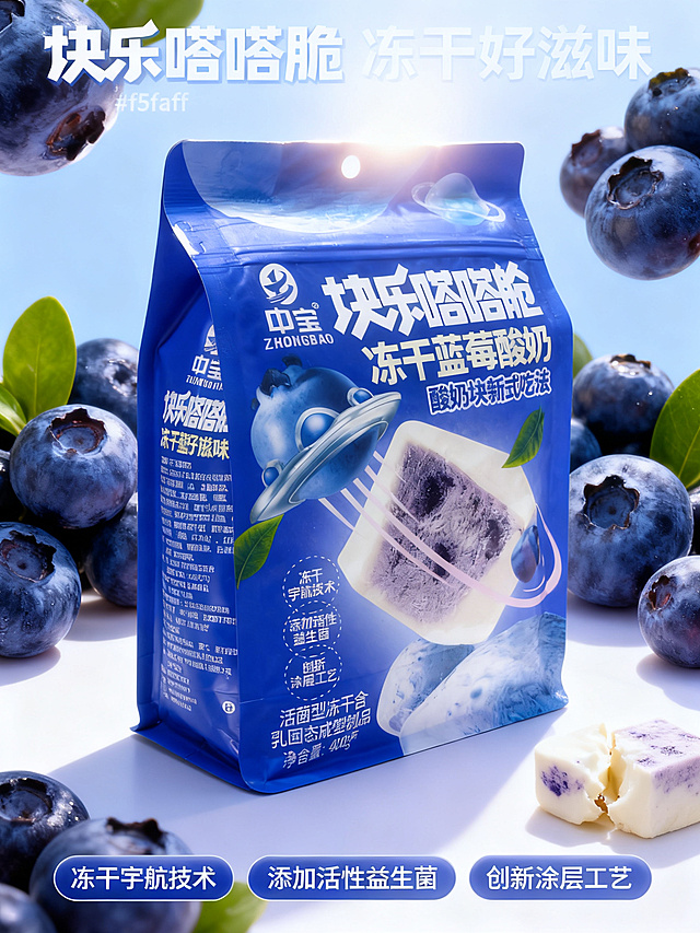 [第1屏] 详情页头图-冻干蓝莓酸奶产品宣传海报。本屏使用【图1】作为商品主体。
[氛围/风格] 清新食欲海报风，蓝色清爽背景，商业摄影质感，凸显零食产品的美味诱惑力。
[元素布局] 商品包装置于画面视觉中心，占比约70%；画面周围点缀新鲜蓝莓果实和掰开的酸奶块特写；保持商品包装整体结构、材质质感、颜色与输入产品图保持完全一致。
[光影质感] 顶部柔光打亮，底部自然投影，包装表面高光清晰，整体画面明亮通透，突出食品的新鲜质感。
[配色色系] 全局底色 #f5faff；主色品牌蓝；辅助色白色文字、蓝莓紫色点缀。
[视角构图] 正面平视视角，产品为绝对视觉中心，阅读动线从上到下，自然流畅。
[文字版式] 版式为上方标题区域 + 中心产品 + 底部卖点信息条。主标题「快乐嗒嗒脆 冻干好滋味」，副标题「酸奶块新式吃法」，圆角加粗字体居中排列；下方三个卖点标签「冻干宇航技术」「添加活性益生菌」「创新涂层工艺」横向排列，文字清晰不遮挡主体。
[比例分辨率] 3:4 竖版比例，4K 分辨率，文字清晰可辨，高清画质。
[负向提示词] 包装变形，文字错乱，颜色偏差，产品模糊，背景杂乱，极限违规词，水印。
