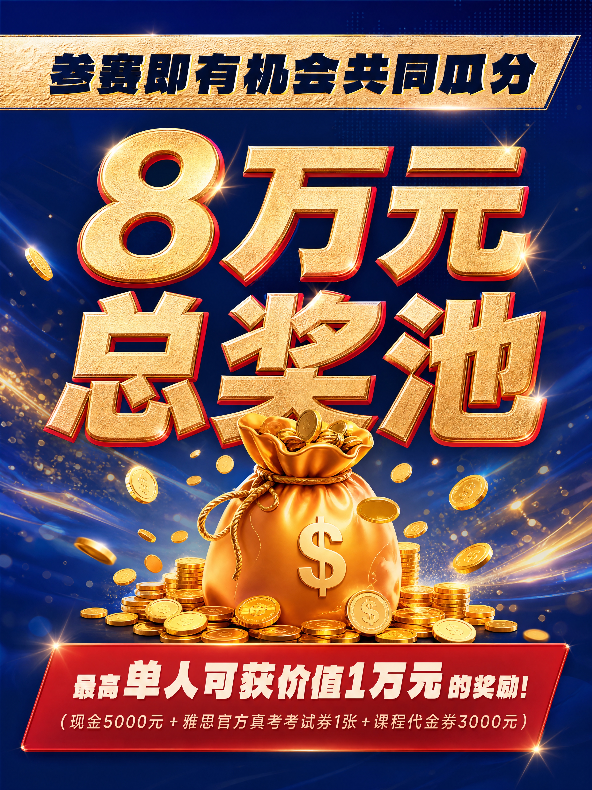 小红书笔记大字封面，福利奖金主题，高端赛事蓝金风格，版式精美，… - 图片创意预览