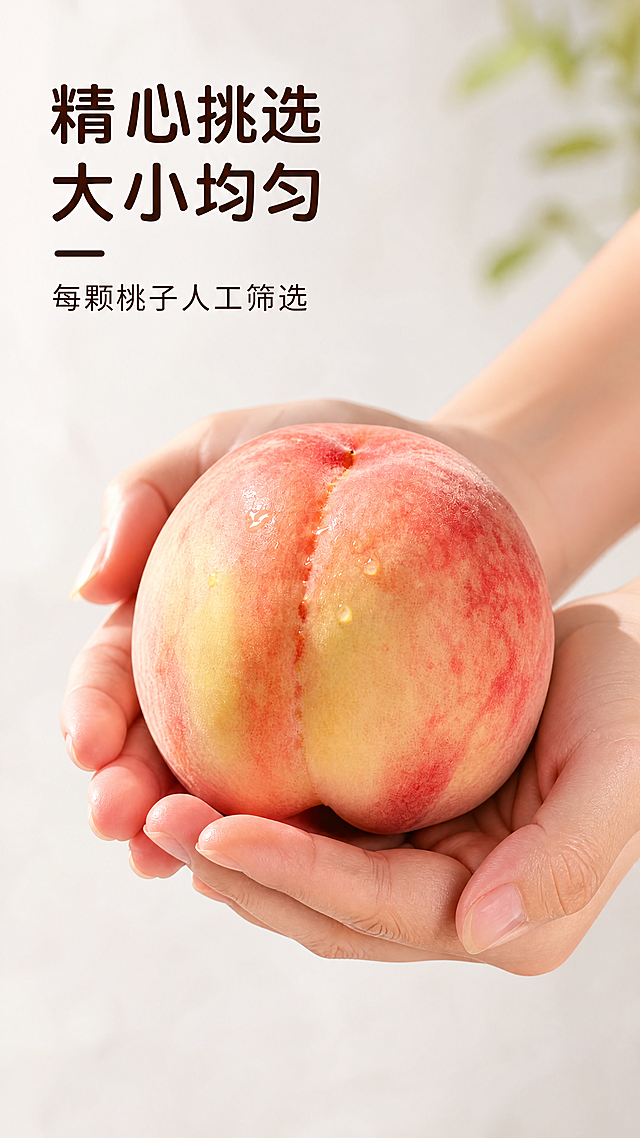 「图片1」，生成一套详情页，商品名称为湖景水蜜桃，适配抖音/快手平台，单图比例为9:16，需求屏数为8张。