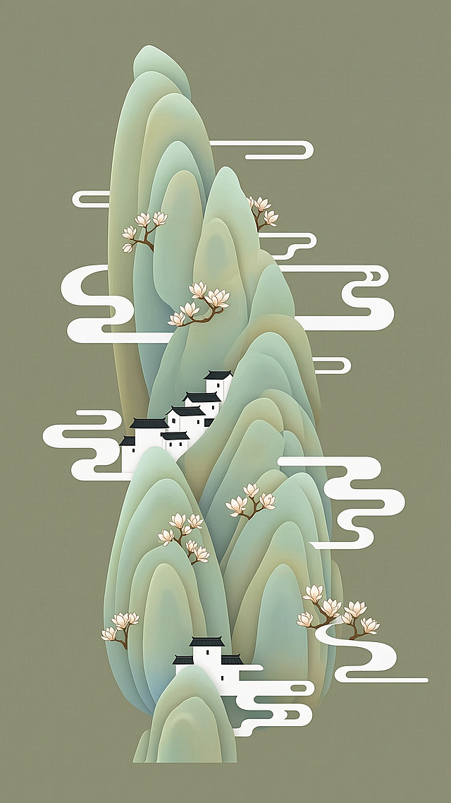 参考原图简约国潮风格，将画面和木兰花结合，木兰花只作为小点缀，尺寸不要太大，去掉原图的亭子，替换成白墙黑瓦小村庄，重新组合山与山的布局，整体造型要有韵律律动