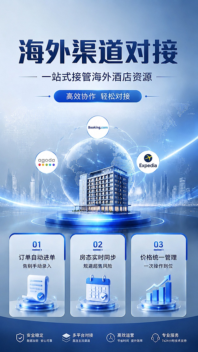 基于参考图修改，去除海报顶部的"智慧酒店管理系统"logo和文字，保留其他所有文案、版式、元素和配色不变：主标题"海外渠道对接"，副标题"一站式接管海外酒店资源"，装饰文案"高效协作 轻松对接"，卖点信息和三个海外渠道Booking、Agoda、Expedia都保留，保持蓝白现代商务科技风格不变，海报比例9:16，分辨率4K。