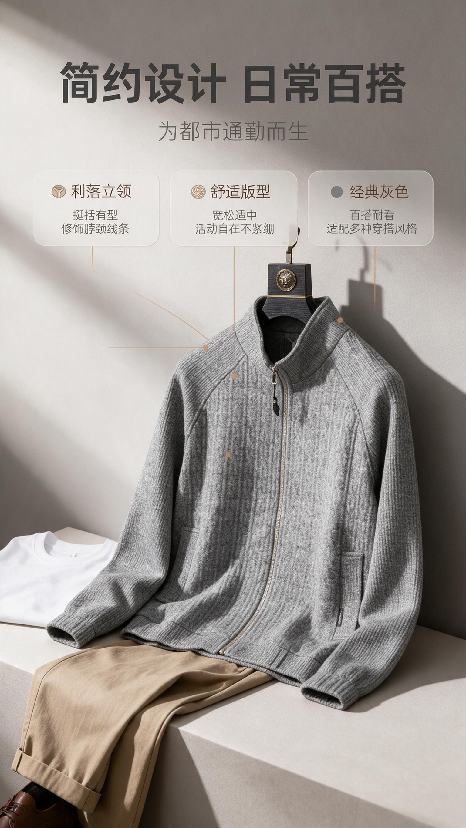 [商品] 使用【图1】男士灰色立领针织拉链开衫；商品处理：保留… - 图片创意预览
