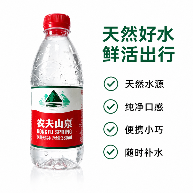 [主图-2] 农夫山泉天然水核心卖点展示主图，画面左侧展示带水珠的农夫山泉380ml瓶装产品，右侧为卖点列表排版。保持农夫山泉产品外观（物理结构、材质质感、颜色）与输入产品图绝对一致，杜绝变形色差。[预览效果