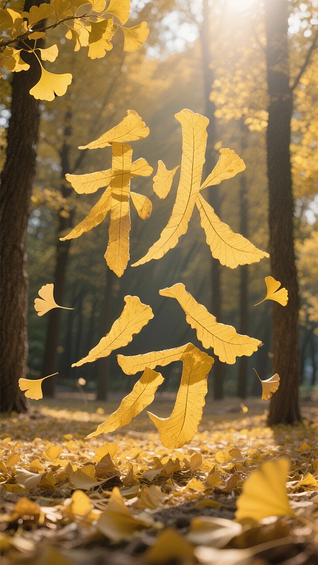 银杏树叶组成了 ”秋分“；背景是温暖的银杏树林，阳光洒下