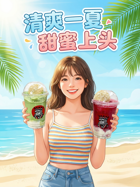 这是一张夏日饮品海报，保留参考图中的两款幸运咖冰淇淋饮品，添加一个可爱青春的女生手持饮品，整体风格可爱夏日，简约大气，预留宣传语位置，添加宣传语"清爽一夏，甜蜜上头"，画面清新明亮，适合做饮品宣传海报预览效果