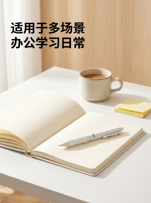 [主图-4] 展示咔巴熊中性笔适用场景，突出多用性。[氛围风格] 日常办公学习，清新自然氛围感。[画质] 高清商业摄影，真实自然，光线柔和。[元素] 在整洁的白色书桌面上，摆放着打开的笔记本，中性笔放预览效果