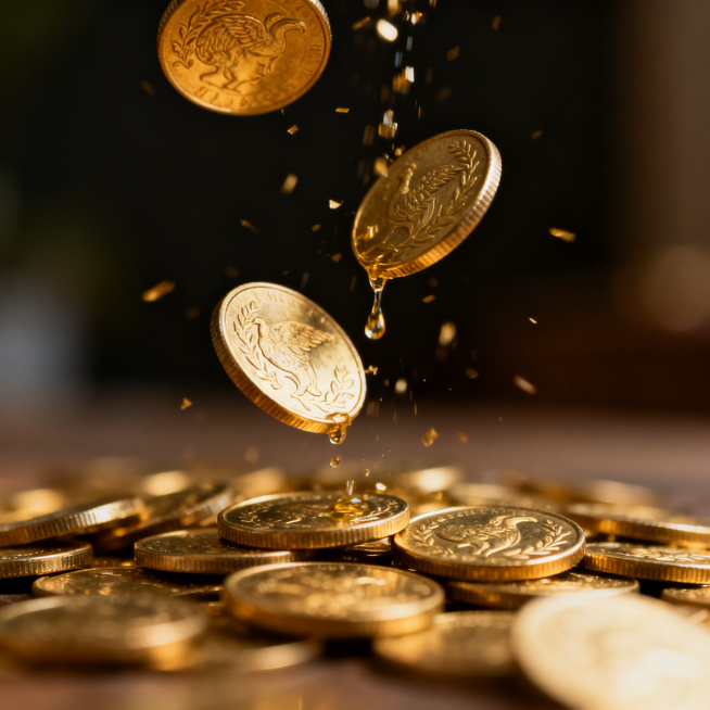 暖金色的柔和光线里，一枚枚表面带着精致浮雕纹理的金币正缓缓流动下坠，碰撞间泛着细碎的金属光泽，背景是柔和的暗调，整体画面精致明快，带着轻盈的质感预览效果