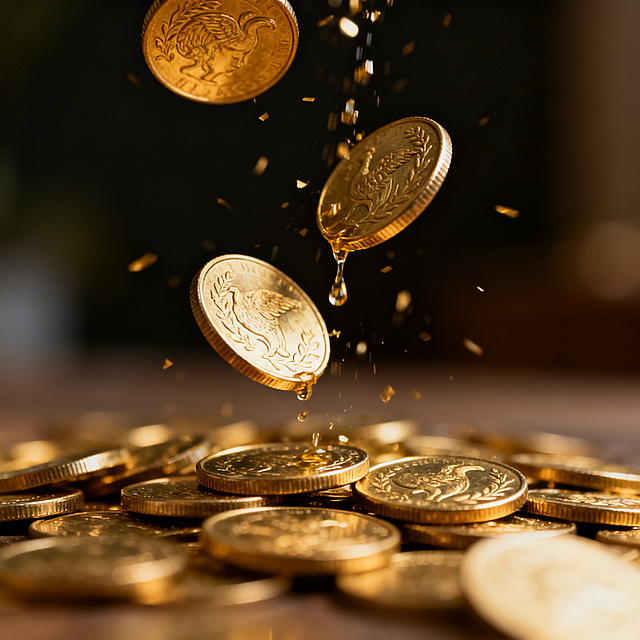 暖金色的柔和光线里，一枚枚表面带着精致浮雕纹理的金币正缓缓流动下坠，碰撞间泛着细碎的金属光泽，背景是柔和的暗调，整体画面精致明快，带着轻盈的质感