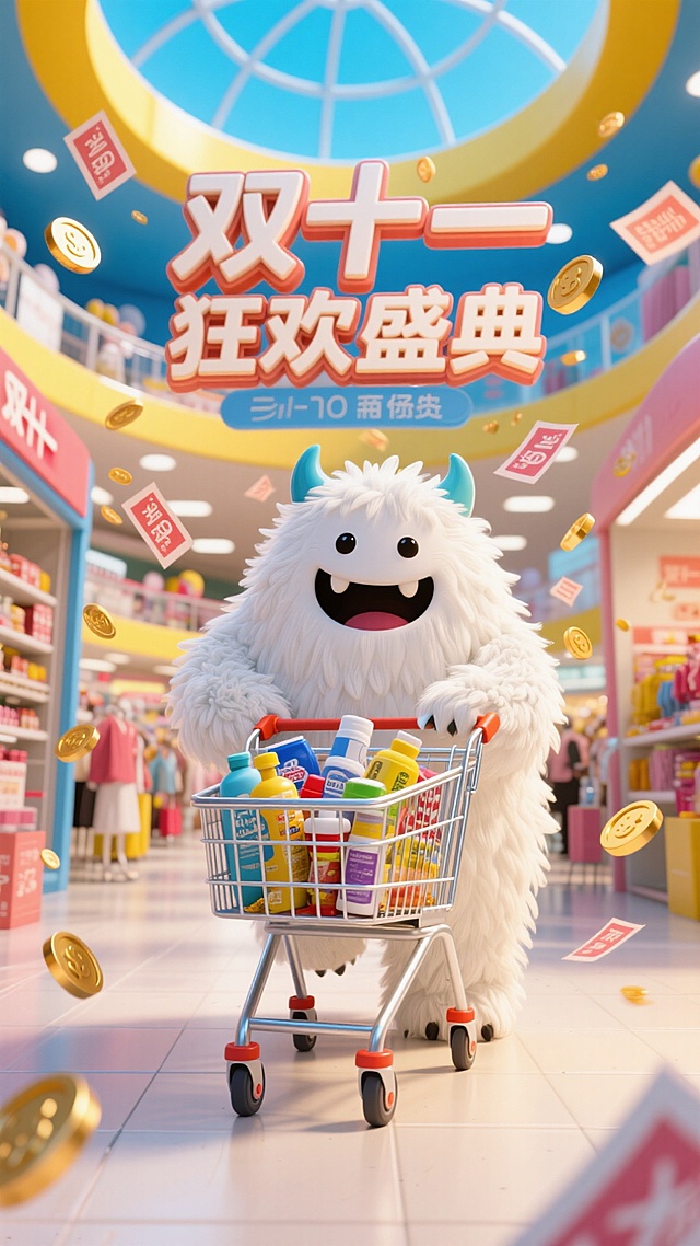 3D卡通风格。一个商场，一个毛茸茸的可爱白色怪兽推着购物车，购物车里有日用产品。主标题立体字“双十一”显示在怪兽身后的顶部，副标题“狂欢盛典”。周围飘着优惠券和金币。背景是商场购物氛围。顶上是商场的圆顶明亮的蓝黄配色