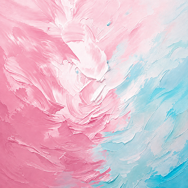 保持原图正方形厚涂肌理抽象油画风格，保持浅蓝蓝色部分不变，将所有黄色区域替换为粉色，保留原有笔触纹理和色彩层次