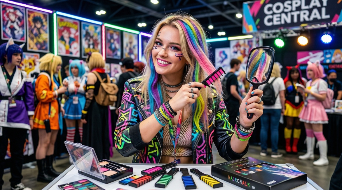 欧美女生在角色扮演活动中使用一次性染发梳给头发染上多种炫彩颜色，保持染发梳主体特征不变，超清清晰画质，活泼潮酷风格预览效果