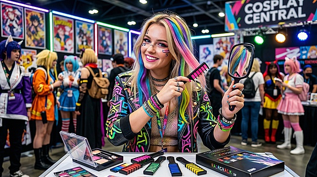 欧美女生在角色扮演活动中使用一次性染发梳给头发染上多种炫彩颜色，保持染发梳主体特征不变，超清清晰画质，活泼潮酷风格