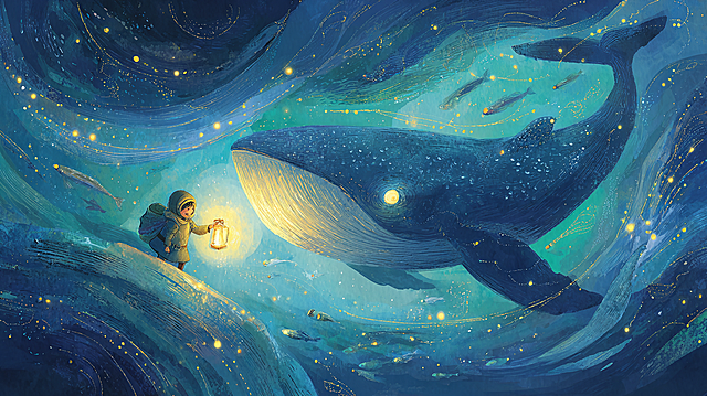 A double-page spread of pure wonder, a curious boy in a diver’s helmet holding a lantern, swimming alongside a gentle, translucent star-whale in a sea of liquid night. The whale’s body is a constellation map, and tiny star-fish orbit around them. Ethereal underwater lighting, deep blues and luminous aqua, flowing compositions, sense of peaceful exploration. Painted in the lyrical style of Shaun Tan or the dreamy texture of Roger Mello.