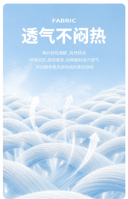 参考原图风格，重新生成透气面料宣传图，保留浅蓝背景3D编织纯棉纤维结构，带有向上透气箭头元素，保留所有文案文字：FABRIC、透气不闷热、棉纱韧性细腻，自然舒适、纤维交织，舒适柔软，纯棉面料吸汗透气、预览效果