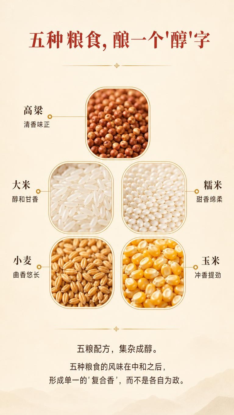 [商品] 五粮配方原料展示：高粱、大米、糯米、小麦、玉米五种粮… - 图片创意预览