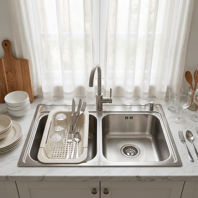 你是资深电商视觉设计师，请生成4张【电商主图】风格的产品图，用于电商详情页/投放素材。这是一张小麦秸秆材质的【米白色沥水篮】的照片，要求不改变这款【米白色沥水篮】的产品主体和样式细节，我想要用此沥水预览效果