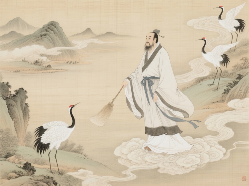 修仙主题工笔画，画面中有一位身着飘逸道袍的仙人，手持拂尘，脚踏祥云，背景有远山、仙鹤和缭绕的仙气，线条细腻，色彩淡雅古朴，具有传统工笔画的精致笔触和层次感预览效果