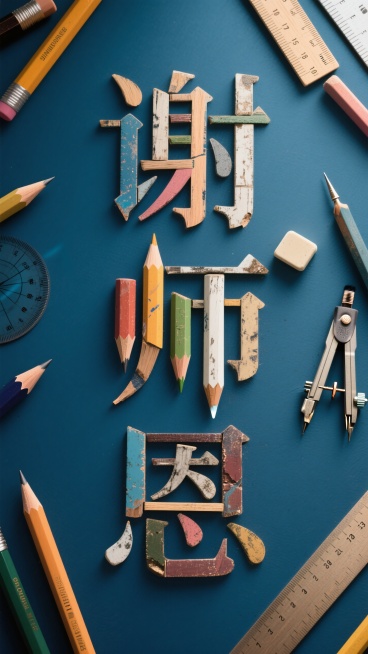 "谢师恩"文字，三个字的笔画由不同的文具拼接而成，放在一块简单的深蓝色背景上。预览效果