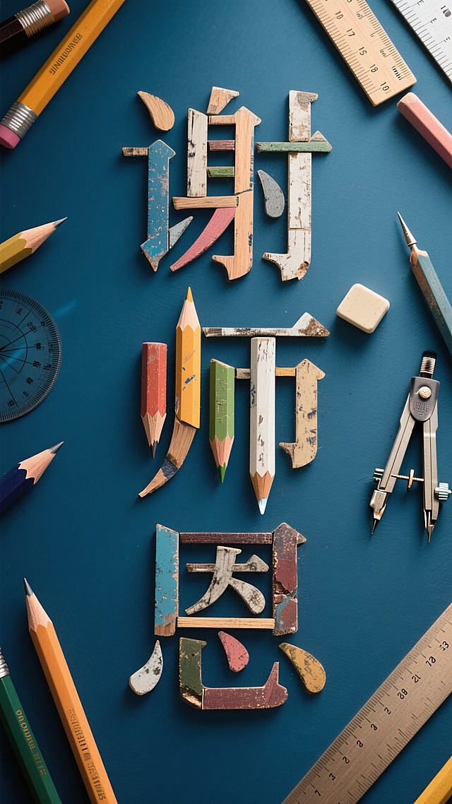 复古文艺风，大字拼贴设计，色彩斑斓的铅笔与木质字母，营造怀旧创意氛围。