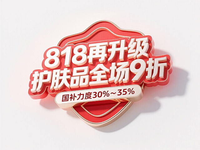一个徽章，徽章上是白色金属质感立体大字“818再升级 护肤品全场9折 国补力度30%～35%。整体配色为绿色为主，风格活泼醒目，突出文案，背景为白色渐变