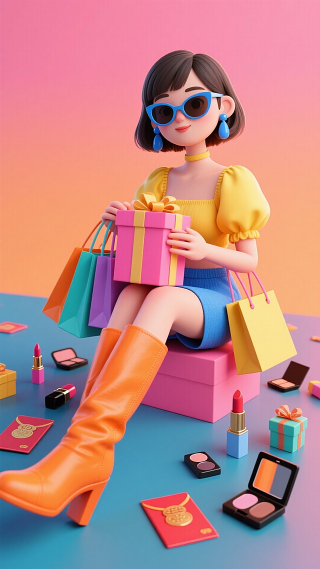 短发女性，墨镜，蓝色耳环，黄色泡泡袖、蓝色短裙、橙色时尚长靴，双腿交叉，坐粉橙相间礼盒上，手持多色购物袋。周围散落红包、口红、眼影盘、小礼盒等元素，粉色渐变背景