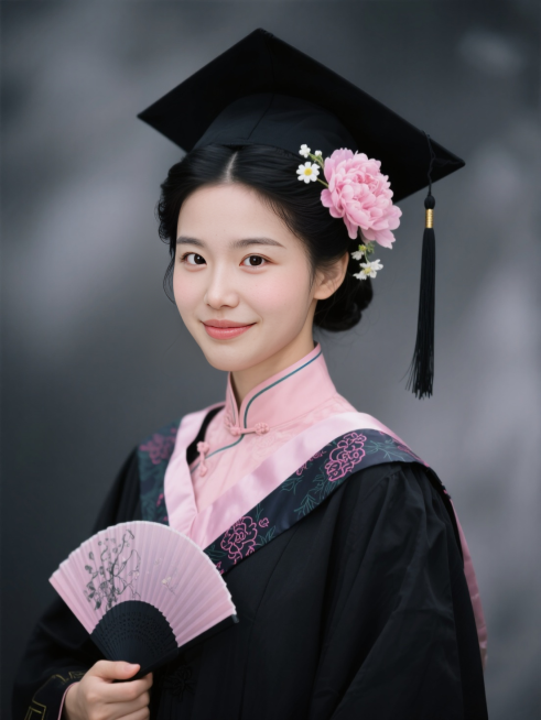女生证件照，民国发型，穿黑色学士袍戴黑色学士帽，头发上戴粉色芍药花和白色小花，手执折扇，学士帽流苏，领口有粉色复古花纹，内衬是粉色旗袍，黑灰色朦胧背景，看镜头。预览效果