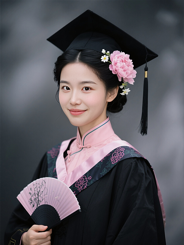 女生证件照，民国发型，穿黑色学士袍戴黑色学士帽，头发上戴粉色芍药花和白色小花，手执折扇，学士帽流苏，领口有粉色复古花纹，内衬是粉色旗袍，黑灰色朦胧背景，看镜头。