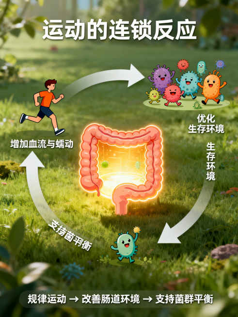 一个清晰的“三步”循环图。
1. 起点图标：跑步的小人。
2. 连接箭头：标注“增加血流与蠕动”。
3. 核心图标：一个发光的肠道剖面，内部环境像被“刷新”一样明亮。
4. 连接箭头：标注“优化生存环预览效果
