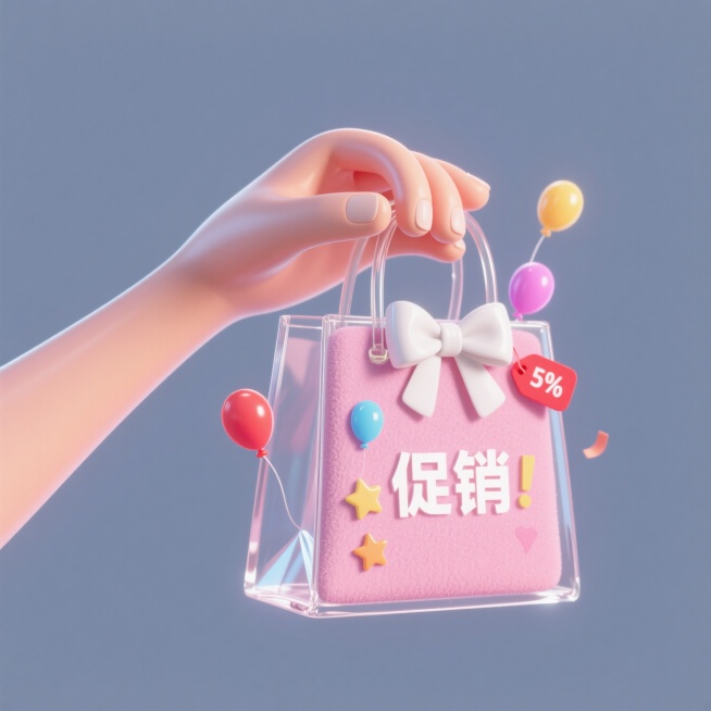 一只手提着一个可爱的购物袋，促销元素装饰预览效果