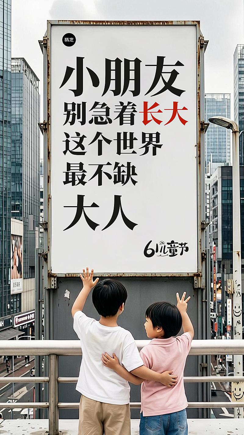 61儿童节大字风标语实景感城市治愈节日祝福通用手机竖版海报