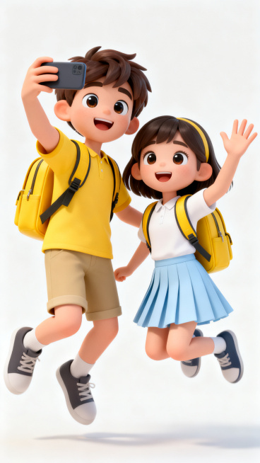 3D卡通人物，两个欢乐的中学生,背黄色的书包，男生穿黄色短袖、卡其色短裤,挥手拍照; 女生穿白色短袖、浅蓝色百褶裙,原地跳起。明亮暖色配色 ，人物大眼睛,3d风格，不展示任何文字内容，高级感，白色背景预览效果