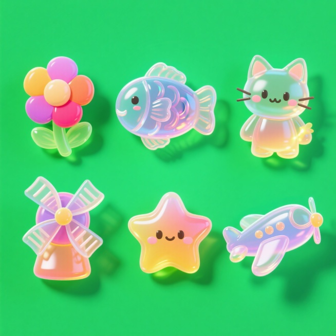 6个Q版图标（元素独立区域）：花朵，鱼，猫，风车，星星，飞机，撞色，绿色背景，上下两行对齐排列预览效果