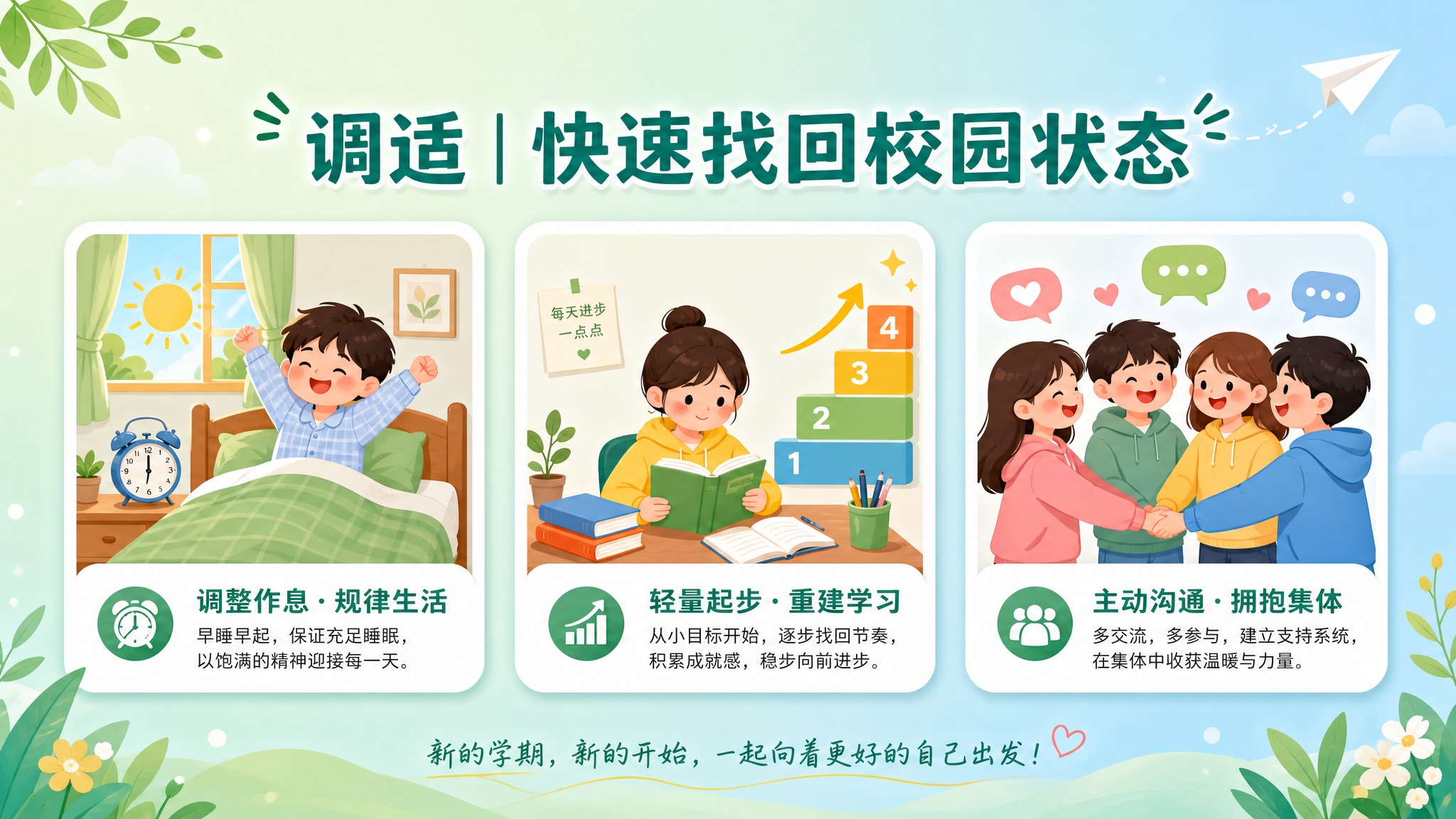 公众号内文配图，温暖治愈系扁平插画风格，返校调适方法主题。画面… - 图片创意预览
