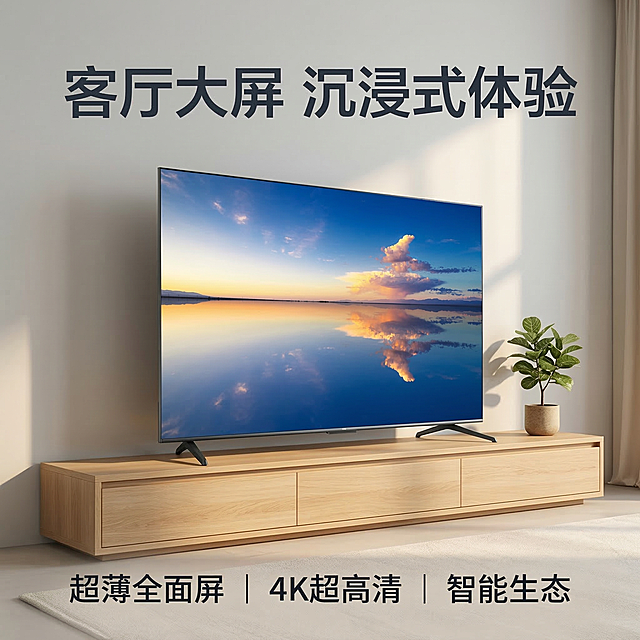 [垫图] https://gdesign-dam-hz.dancf.com/35868274125162539/ffcbc68b09d74806ae9894bd2651e9d4.png
[主图主题] 海尔大屏智能电视家居风格主图
[氛围/风格] 温馨舒适现代家居氛围，简约大气
[画面元素] 斜侧角度展示海尔电视，外观保持与原图完全一致，放置在现代简约客厅的电视柜上，背景是浅灰色乳胶漆墙面，搭配浅色地毯和一小株绿植装饰，营造温馨舒适的居家氛围感，柔和自然光从侧方照射，光影温暖柔和，背景铺满全屏无边框
[配色色系] 主色调：暖调浅灰、米白色，辅助色：原木色、绿植绿色，电视深灰边框
[视角构图] 45度斜侧平视，带入空间场景，主体占比约55%，景深适中
[文字版式] 左上角主标题 "客厅大屏 沉浸式体验"，底部排列三个卖点 "超薄全面屏 | 4K超高清 | 智能生态"，字体为深灰色无衬线体，主标题大字号，卖点小字号，文字悬浮不遮挡电视，风格简洁自然