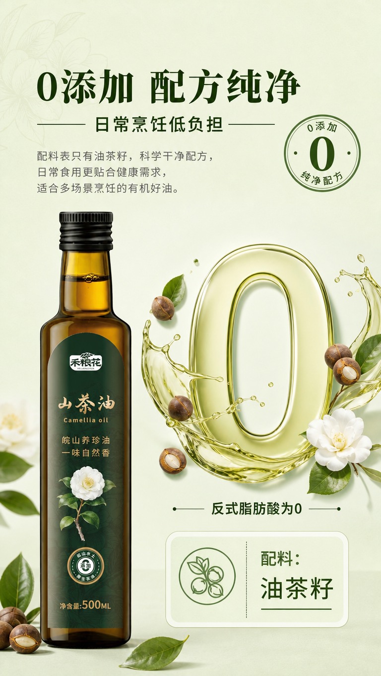 [商品] 使用【图1】禾粮花500ml有机山茶油玻璃瓶（正面）… - 图片创意预览