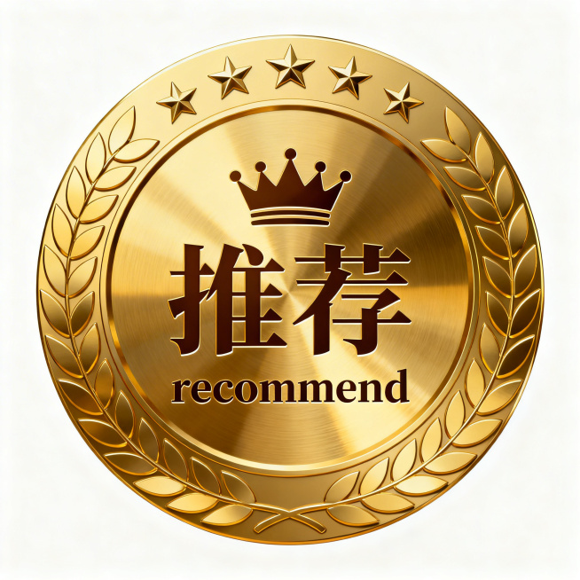 一个圆形的金色徽章，具有强烈的金属质感和光泽，表面光滑有反光效果，徽章外圈有一圈金色的月桂叶花纹，顶部有五颗小五角星，徽章中心有一个小皇冠图案，皇冠下方是金色的"推荐"两个中文字，字体为宋体，下方是金预览效果