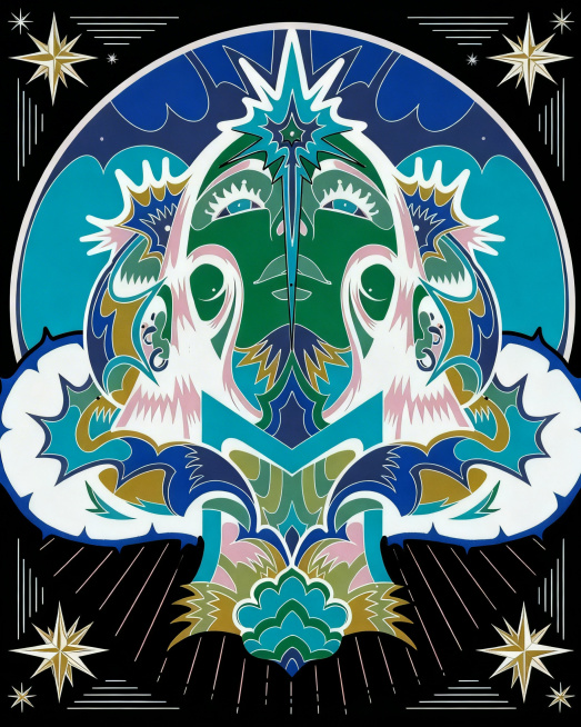 以第一张图的蓝绿为主色调、纹样元素和奇幻人脸图案为核心，参考第二张图的中心对称强视觉冲击构图，添加放射状装饰元素突出张力，整体风格保持复古装饰插画感，画面富有冲击力预览效果