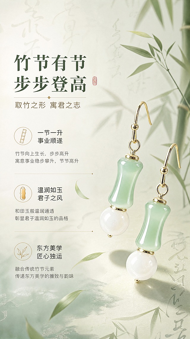 [商品] 使用【图1】节节高升耳环；保留竹节造型、浅绿色仿玉珠、白色圆珠、金色耳钩的完整结构与颜色；增强玉石通透感和金属光泽。
[画面] 目标：设计寓意解读，讲好东方美学故事。构图：左文右图，右侧耳环斜向悬浮展示，左侧大面积留白放文案；主体占画面约40%。背景：淡青色水墨晕染背景，隐约有毛笔书法笔触和竹影，点缀几片飘落竹叶；柔和顶光，耳环下方有淡淡投影。
[视觉] 套系策略：风格=新中式国风轻奢商业摄影；标题字=宋体衬线粗体；正文字=简洁无衬线体；主色=浅豆绿+米白+暖金；背景延展=基于浅豆绿做水墨晕染、深浅渐变和宣纸纹理质感；强调色=暖金色，仅用于小面积图标、引线和标签；标题色=深墨绿；正文色=暖灰褐；组件=细线分隔、竹叶装饰元素、印章式小图标；光影=顶侧暖柔光，氛围朦胧雅致。
[文字] 左侧横排排版：主标题"竹节有节 步步登高"，副标题"取竹之形 寓君之志"，下方3段短文案「一节一升 事业顺遂」「温润如玉 君子之风」「东方美学 匠心独运」，文字不遮挡耳环。
[规格] 图片比例9:16竖版，4K，避免变形、错字、文字过小、冷蓝背景、耳环颜色改变、结构失真。