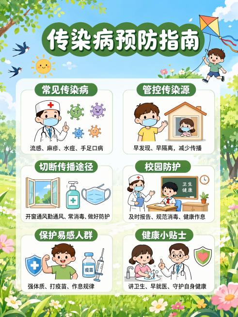 扁平插画风传染病预防海报，参考原图版式结构，清新春夏绿色户外背景，保留六宫格文字信息布局：顶栏大标题为"传染病预防指南"，六个信息区块分别是：
1. 左上区块：标题"常见传染病"，文字内容"流感、麻疹预览效果