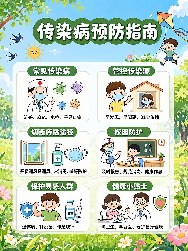 扁平插画风传染病预防海报，参考原图版式结构，清新春夏绿色户外背景，保留六宫格文字信息布局：顶栏大标题为"传染病预防指南"，六个信息区块分别是：
1. 左上区块：标题"常见传染病"，文字内容"流感、麻疹、水痘、手足口病"
2. 右上区块：标题"管控传染源"，文字内容"早发现、早隔离，减少传播"
3. 左中区块：标题"切断传播途径"，文字内容"开窗通风
勤通风、常消毒、做好防护"
4. 右中区块：标题"校园防护"，文字内容"及时报告、规范消毒、健康作息"
5. 左下区块：标题"保护易感人群"，文字内容"强体质、打疫苗、作息规律"
6. 右下区块：标题"健康小贴士"，文字内容"讲卫生、早就医、守护自身健康"
搭配对应卡通医疗与儿童卫生插画，整体风格活泼明快，版式精美清晰，所有文字完整且清晰可读，色彩清新协调