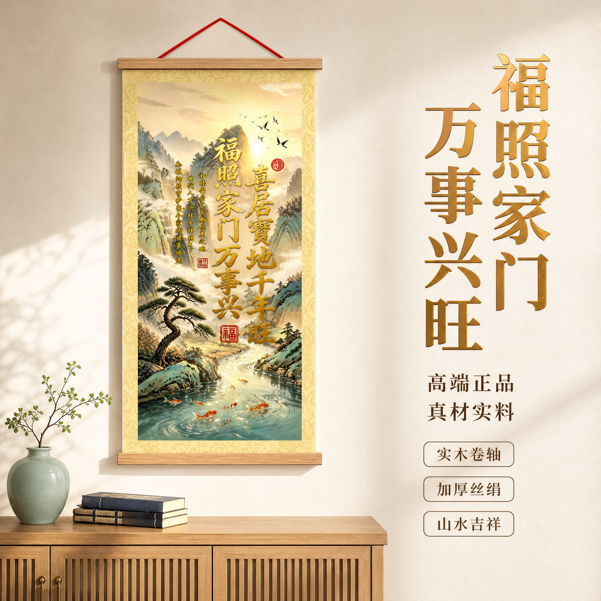 [主图-1] 福照家门山水吉祥卷轴挂画 空间氛围与单品呈现 吸… - 图片创意预览