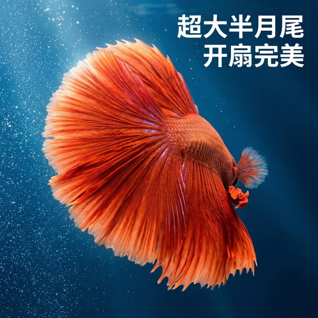 [主图 2 尾鳍形态展示]
[主图主题] 半月斗鱼超大尾鳍展示
[氛围/风格] 动态水下摄影，张力十足
[画面元素] 保留原图斗鱼外形，抓拍斗鱼转身展开尾鳍的动态瞬间，完全展示半月形超大尾鳍的完整形态预览效果