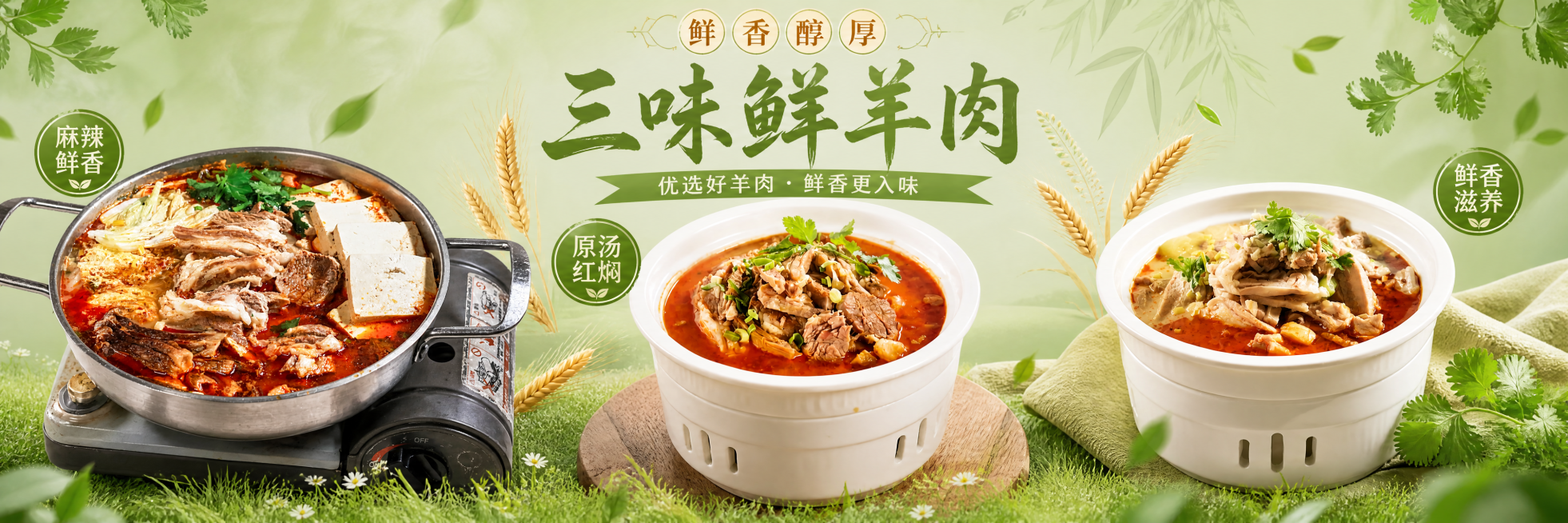 将image1、image2、image3三张羊肉菜品图拼接成一张三连横图，尺寸为4800px宽、1200px高，参考image4的版式，绿色清新背景，保留原图菜品主体，整体风格协调统一，商业美食宣传预览效果