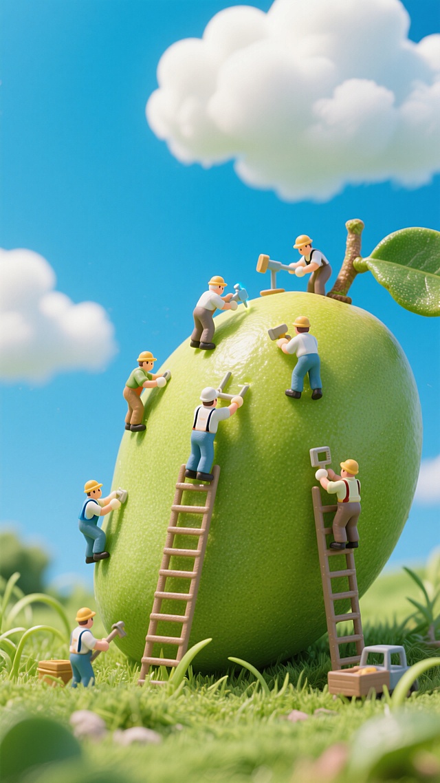 清新卡通风格，微缩艺术展现工人在巨大果实上劳作，趣味盎然。