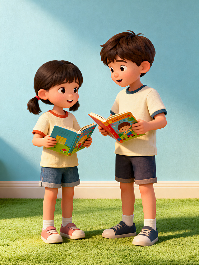 3D渲染风格，两个幼儿园小朋友一男一女，穿着夏季服装，每个人都捧着一本彩色封面的故事书，一人为另一人讲故事，两人都是站立姿势，完整身体从头部到鞋子完整显示，画面清晰温馨