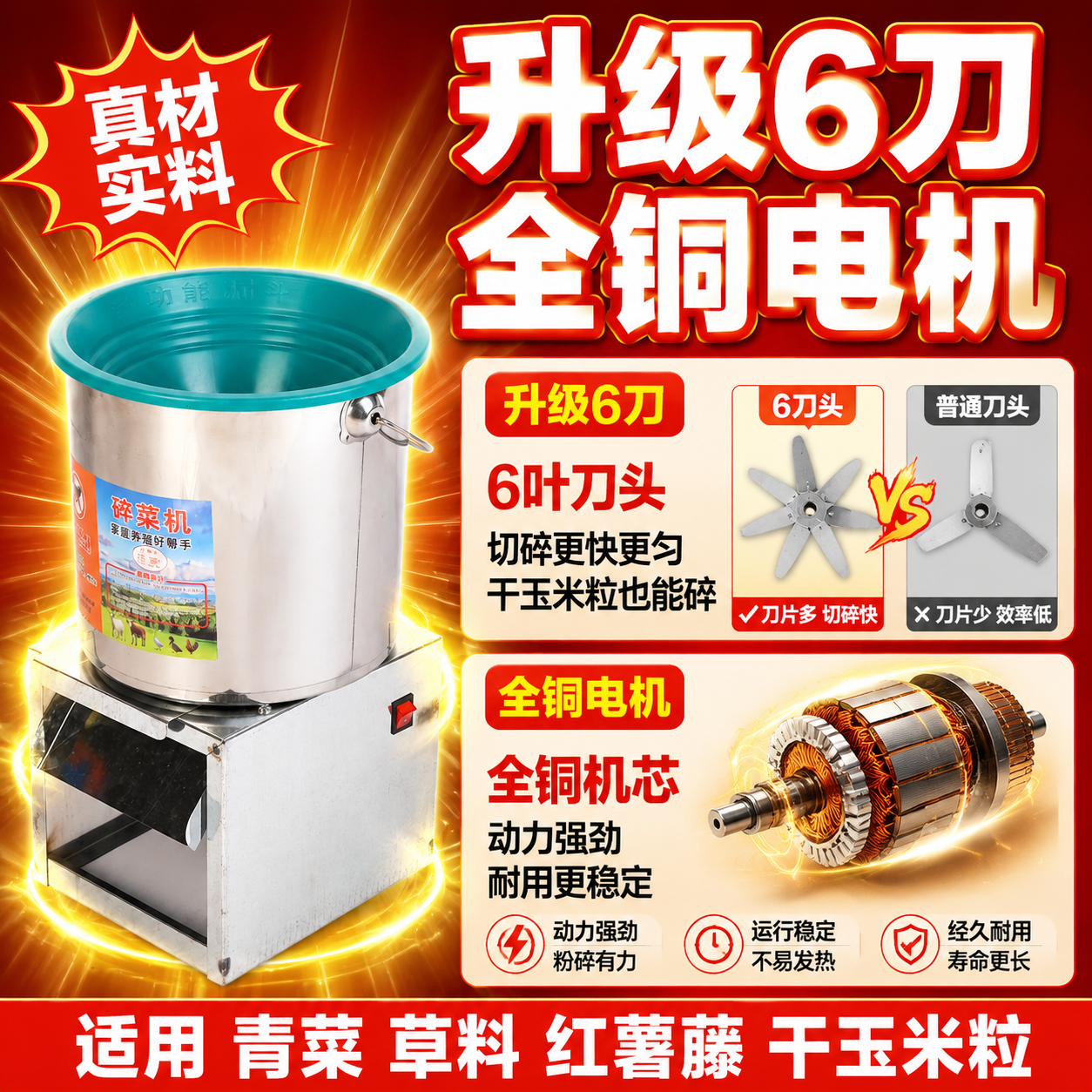 [主图-2] 拼多多核心卖点图，主题为升级6刀+全铜电机，用大… - 图片创意预览