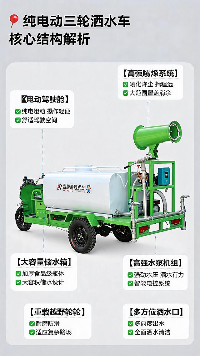 淘宝详情页第三屏，纯电动三轮洒水车核心优势结构解析图，基于提供的商品图，清晰展示产品各部分结构，突出核心优势，9:16竖版，淘宝电商设计风格，专业清晰的工业产品结构解析排版